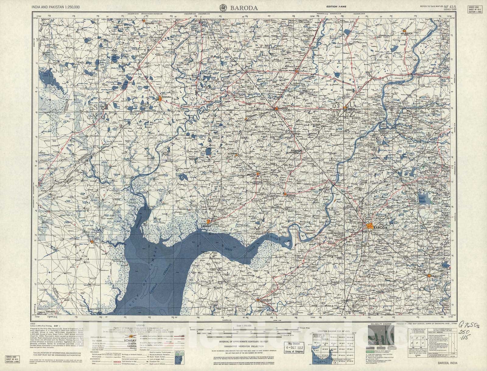 Historic 1955 Map - India and Pakistan 1:250,000. - Baroda, 1957
