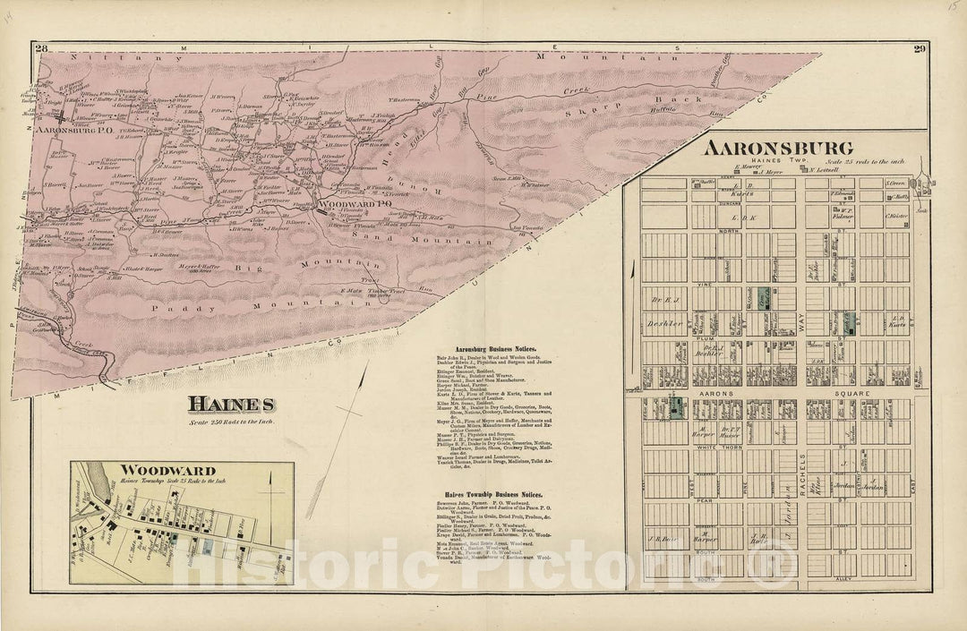 Historic 1874 Map - Atlas of Centre County, Pennsylvania - Haines; Aaronsburg; Woodward