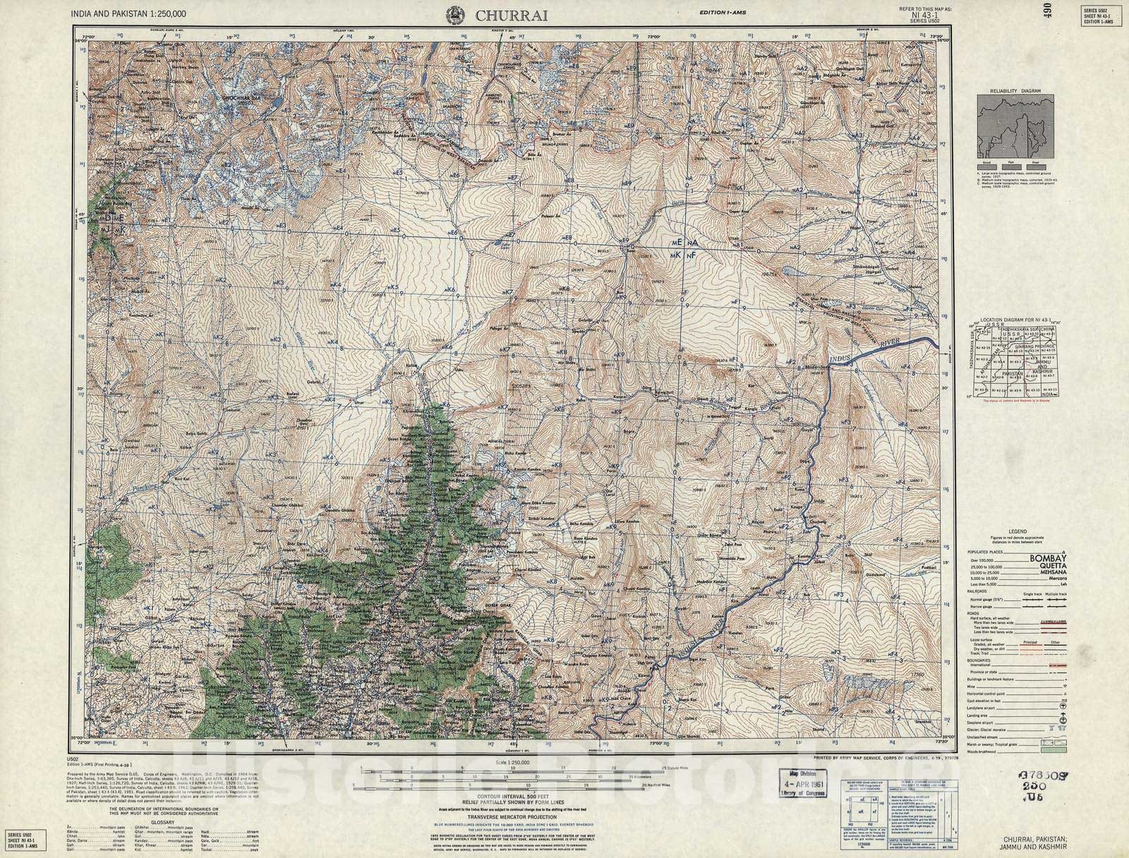 Historic 1955 Map - India and Pakistan 1:250,000. - Churrai, Pakistan, Jammu and Kashmir 1959