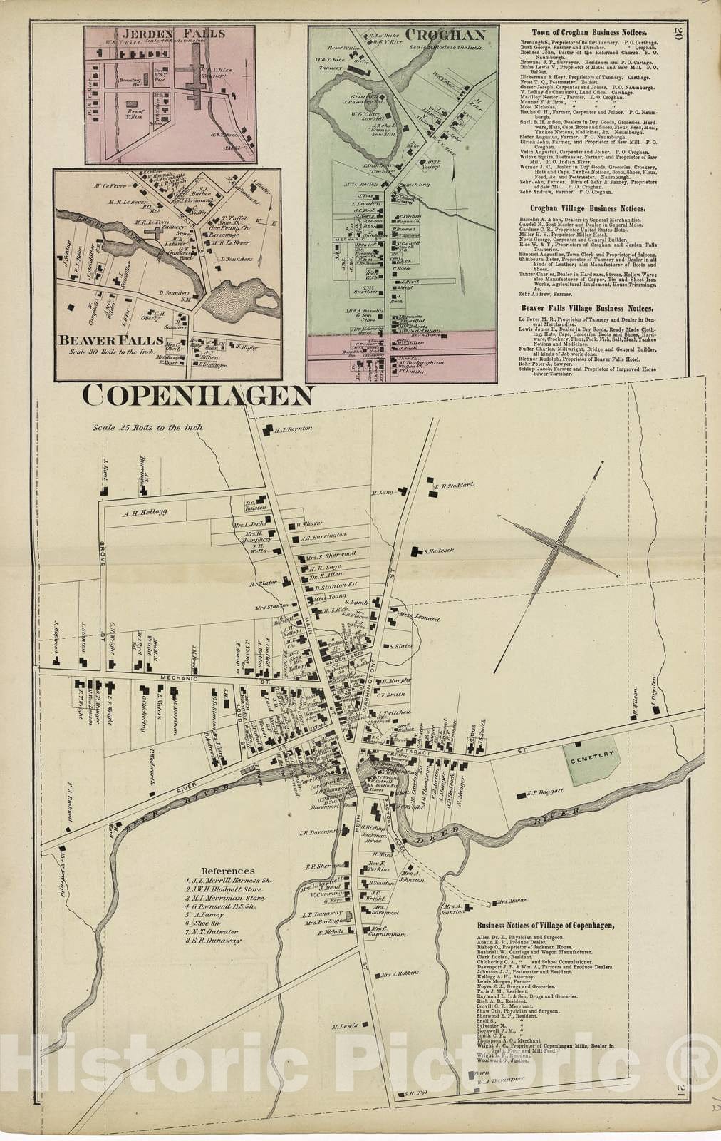 Historic 1875 Map - Atlas of Lewis Co, New York - Copenhagen; Croghan; Beaver Falls; Jerden Falls - Atlas of Lewis County, New York