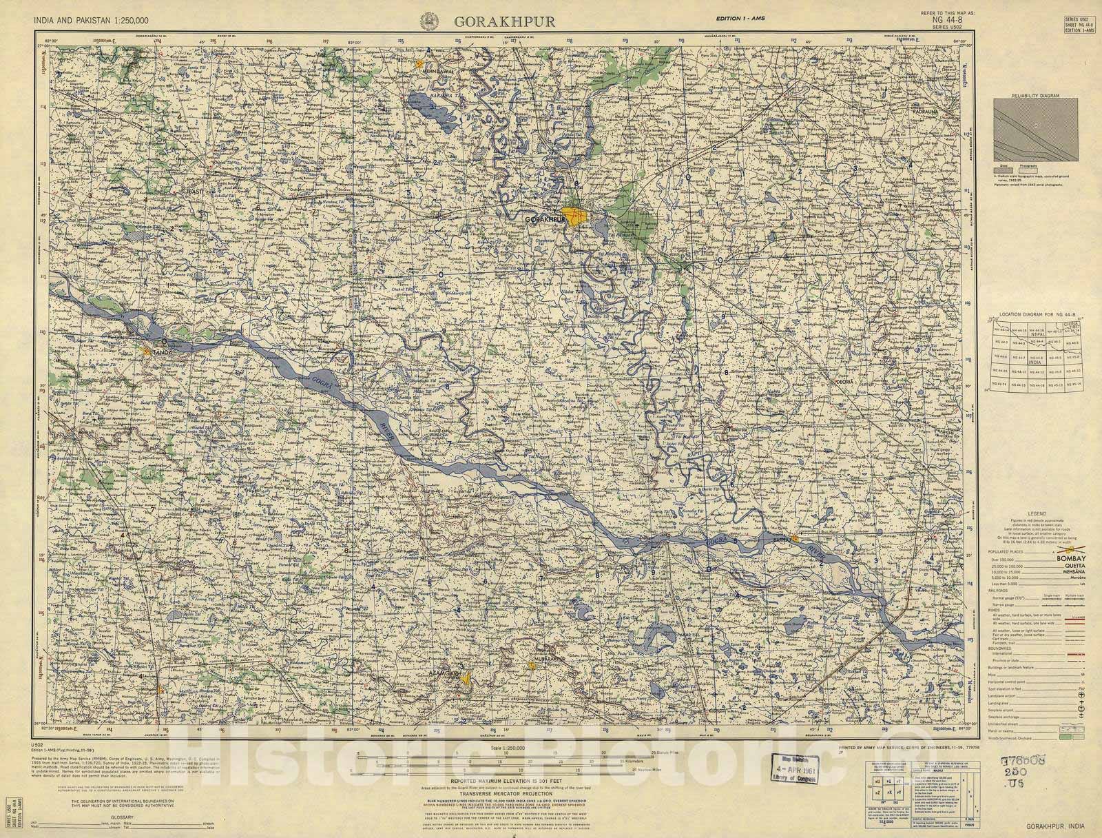 Historic 1955 Map - India and Pakistan 1:250,000. - Gorakhpur, India 1959