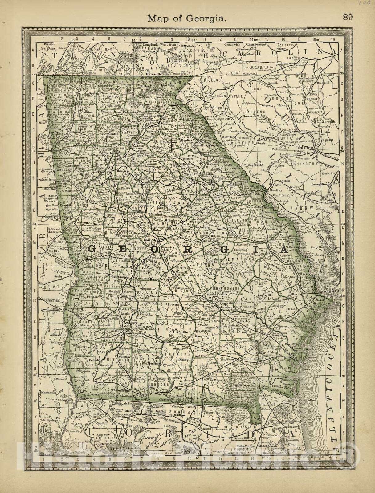 Historic 1882 Map - Historical Hand-Atlas, Illustrated - Map of Georgia - Historical Hand Atlas, Illustrated, General & Local
