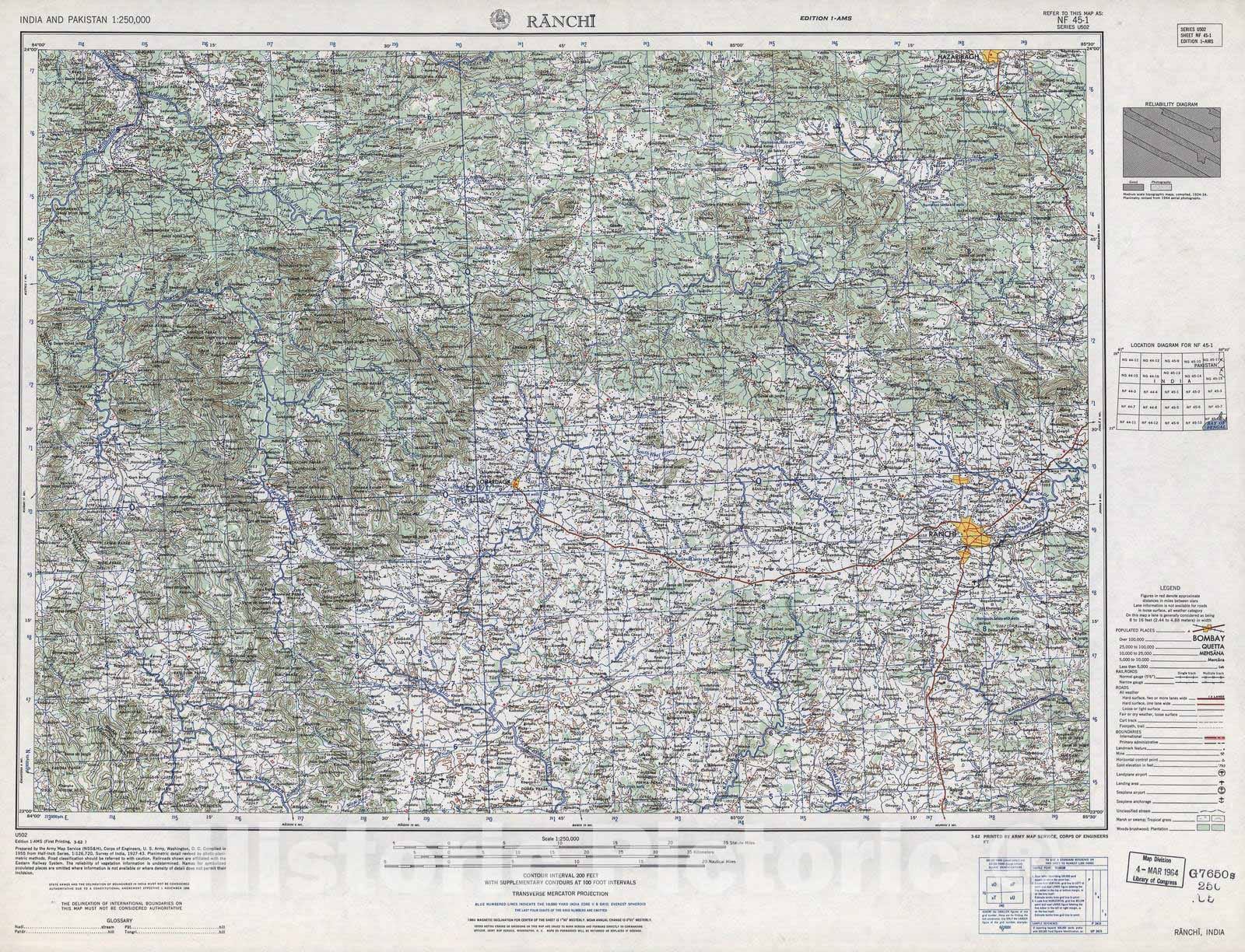 Historic 1955 Map - India and Pakistan 1:250,000. - Ranchi, 1962