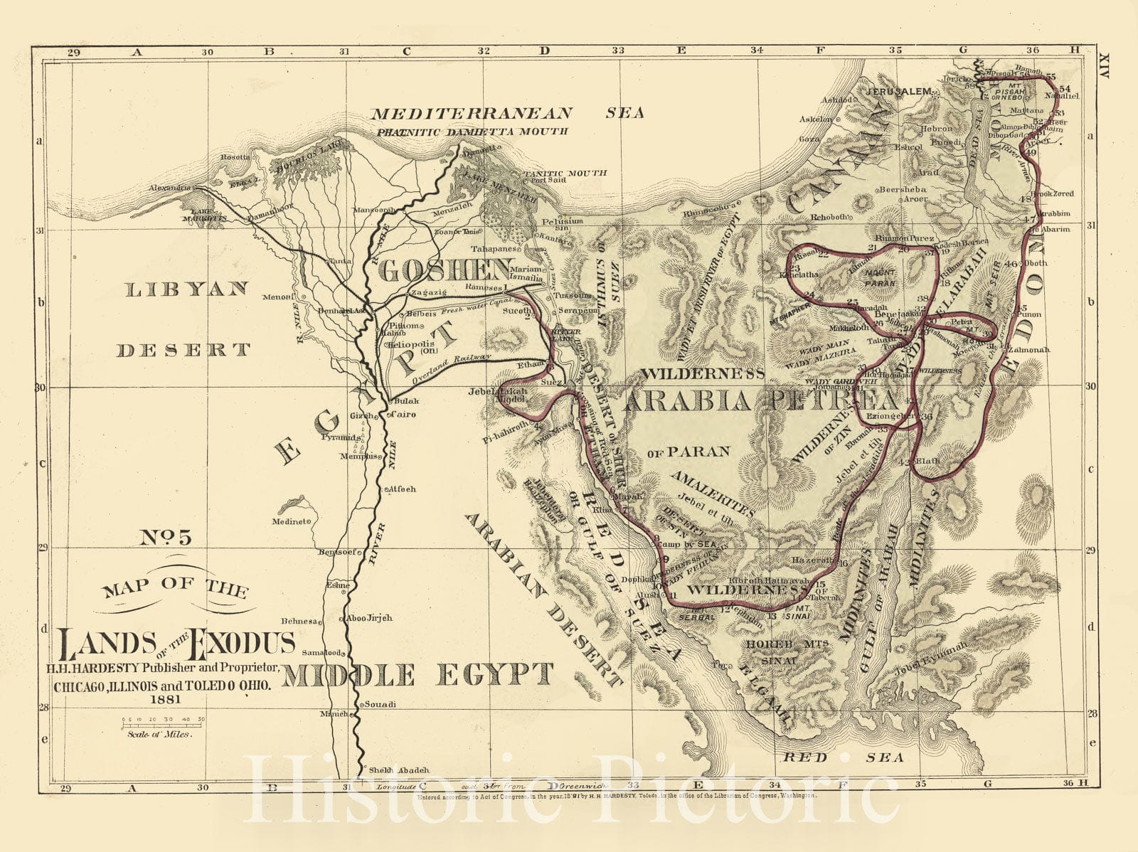 Historic 1881 Map - Historical Hand-Atlas, Illustrated - No. 5 Map of The Lands of The Exodus - Historical Hand Atlas, Illustrated, General & Local