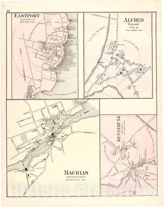 Historic 1887 Map - Colby's Atlas of The State of Maine - Eastport; Alfred Village; Machias; Kennebunk