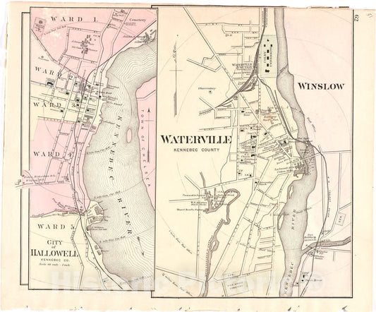 Historic 1887 Map - Colby's Atlas of The State of Maine - City of Hallowell; Waterville