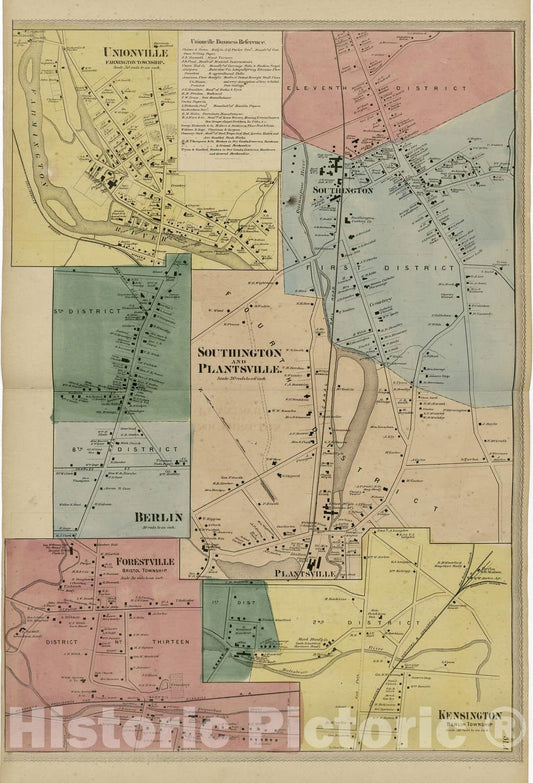Historic 1869 Map - Atlas of Hartford and Tolland Counties - Unionville; Southington and Plantsville; Berlin; Forestville; Kensington - Atlas of Hartford and Tolland Counties, Conn.