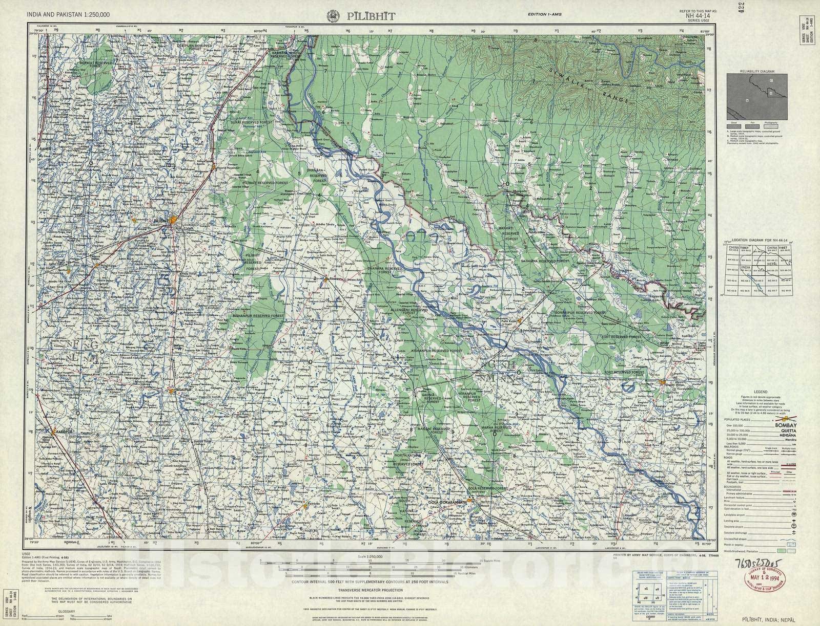 Historic 1955 Map - India and Pakistan 1:250,000. - Pilibhit, India, Nepal 1958