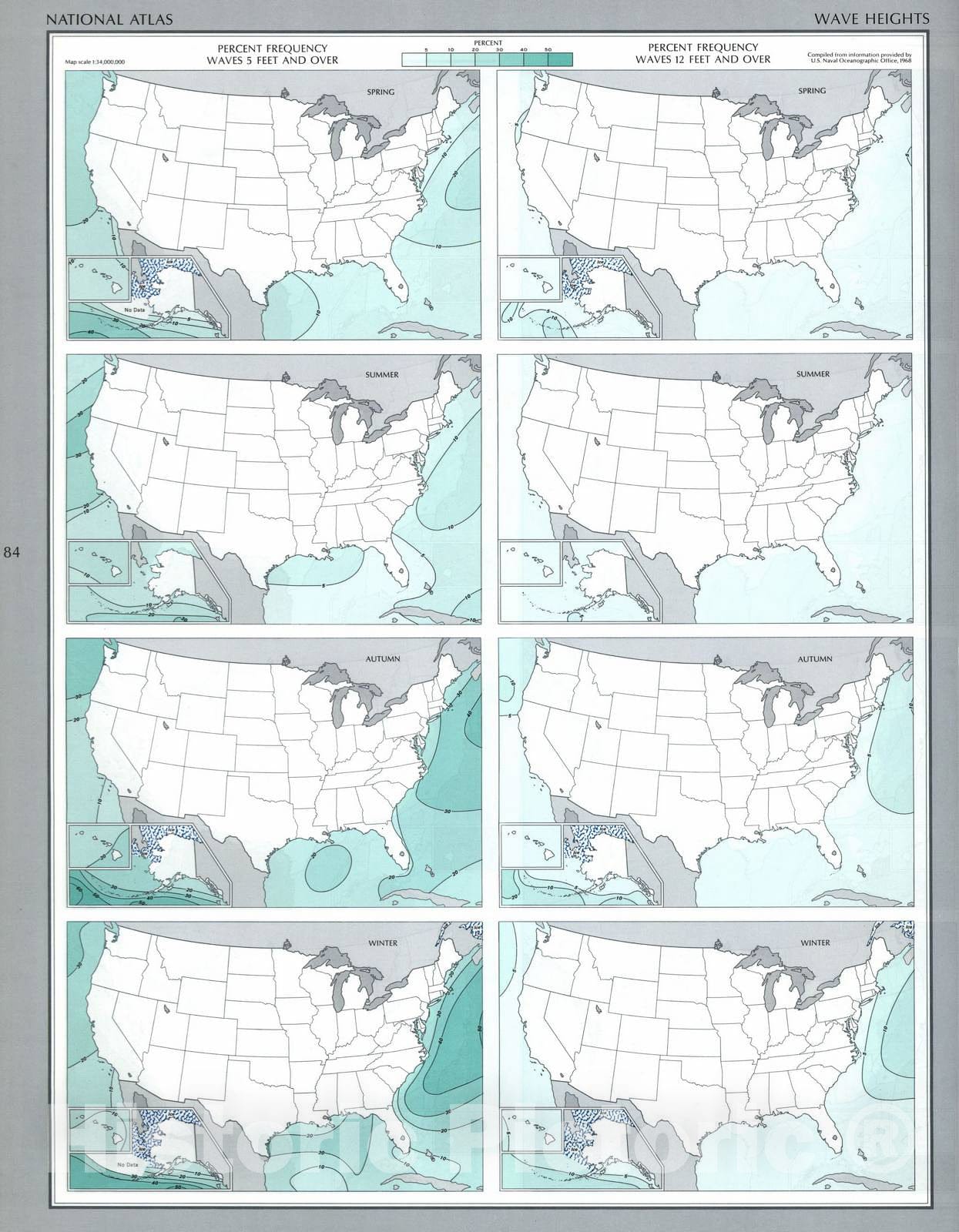 Historic 1970 Map - The National Atlas of The United States of America. - Wave Heights