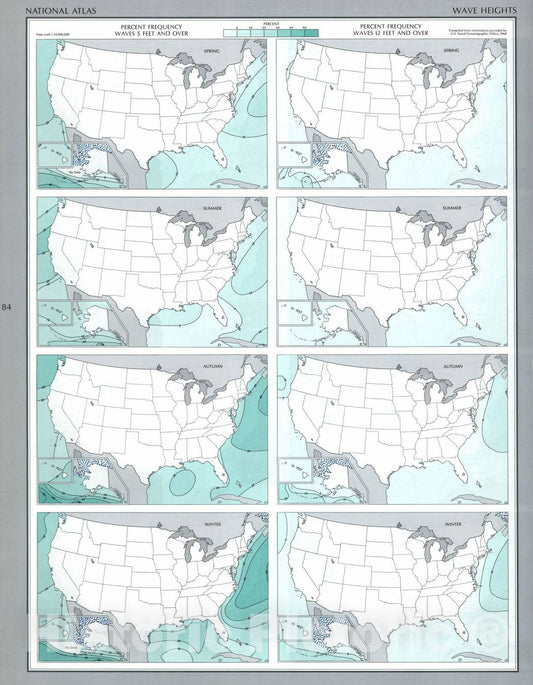 Historic 1970 Map - The National Atlas of The United States of America. - Wave Heights