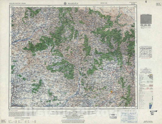 Historic 1955 Map - India and Pakistan 1:250,000. - Mardan, Pakistan, Jammu and Kashmir 1958