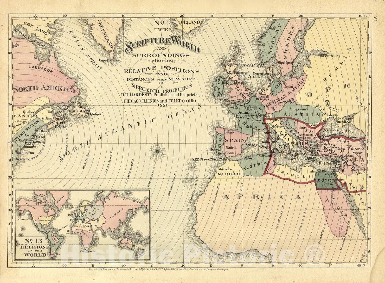 Historic 1881 Map - Historical Hand-Atlas, Illustrated - No. 1 The Scripture World and Surrounding - Historical Hand Atlas, Illustrated, General & Local