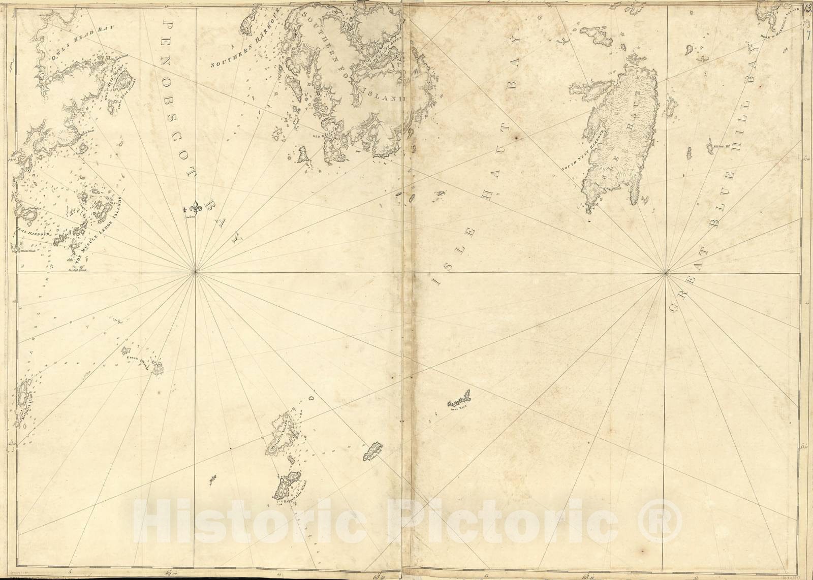 Historic 1800 Map - The Atlantic Neptune - Penobscot Bay, Isle Haut Bay, Great Blue Hill Bay, etc.