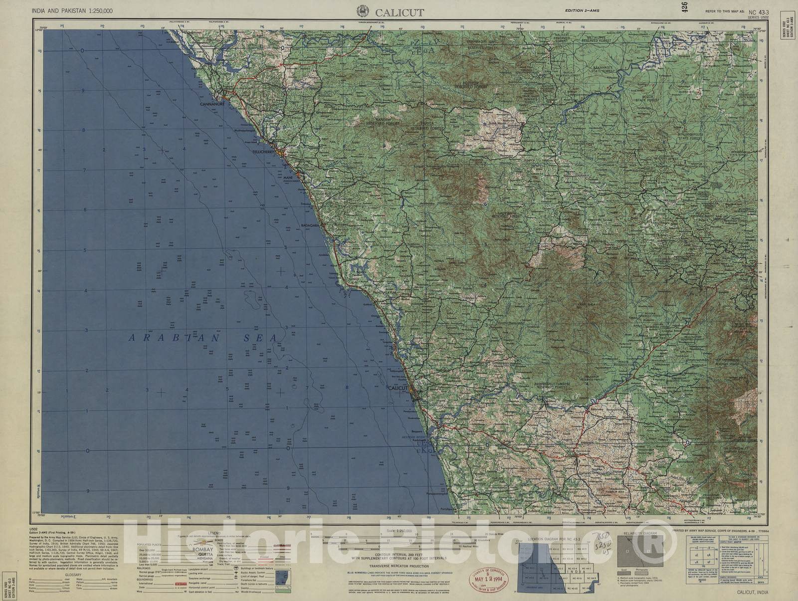 Historic 1955 Map - India and Pakistan 1:250,000. - Calicut, 1959