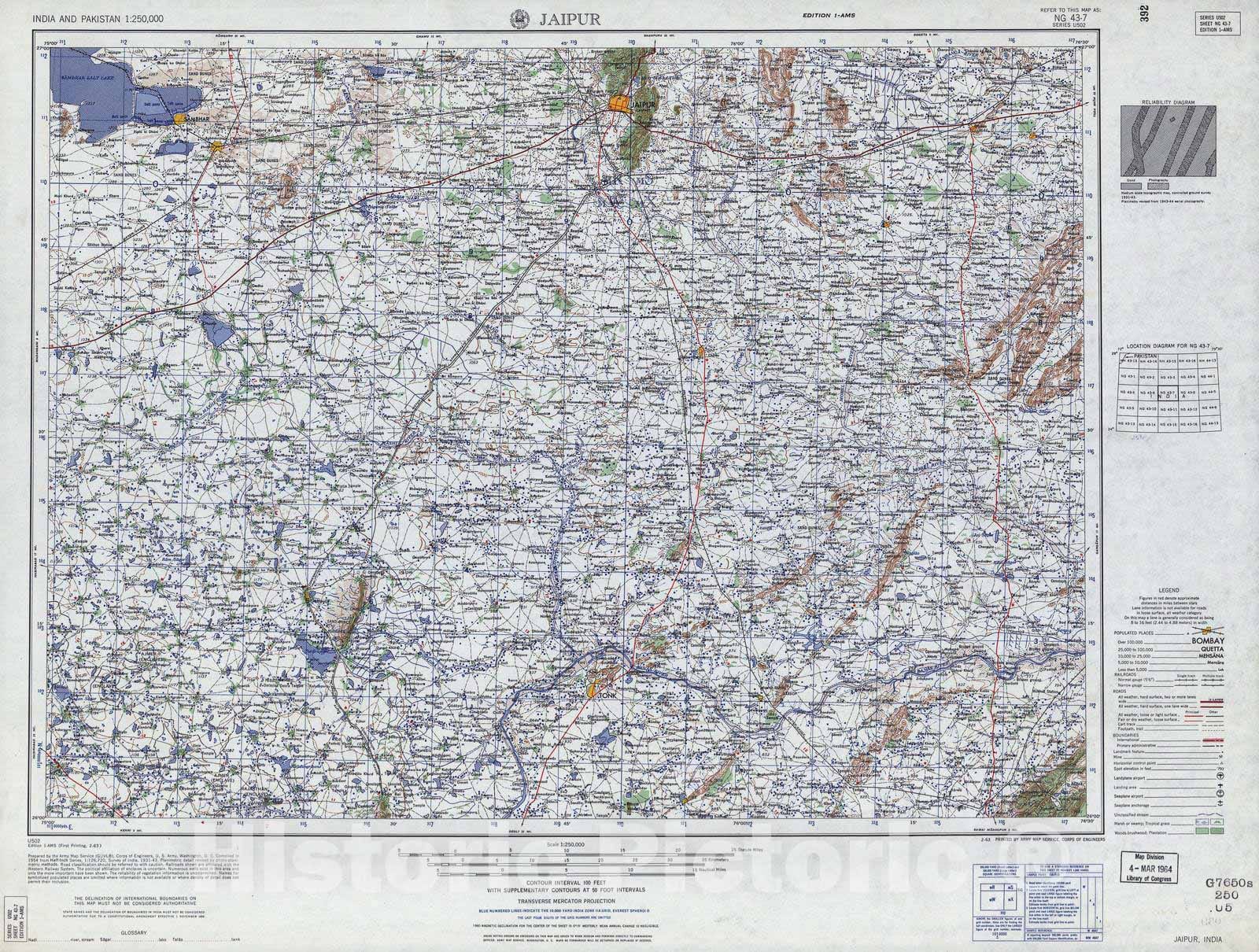 Historic 1955 Map - India and Pakistan 1:250,000. - Jaipur, India 1963