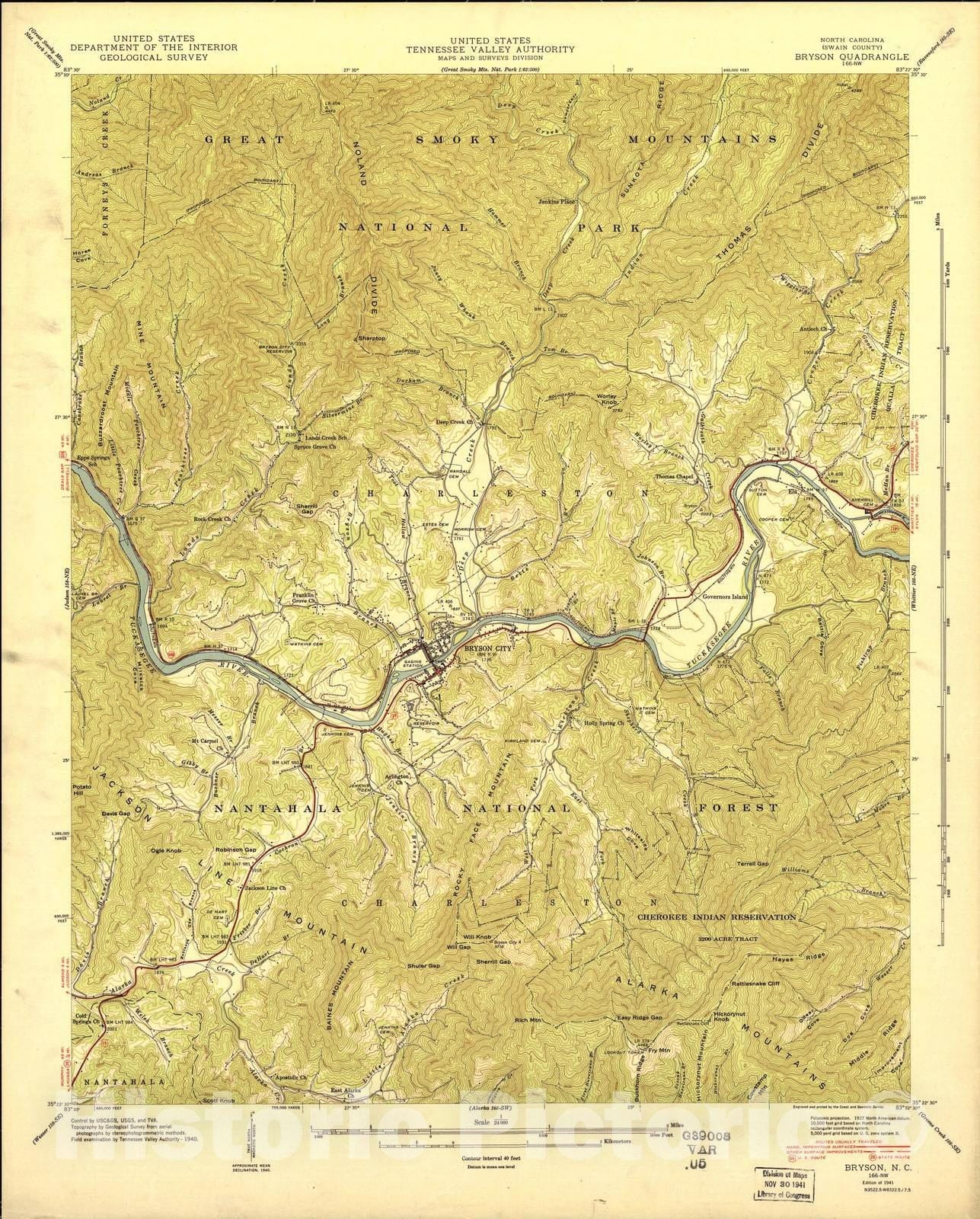 Historic 1935 Map - North Carolina. - Scale 1:24,000 (1941) - Bryson