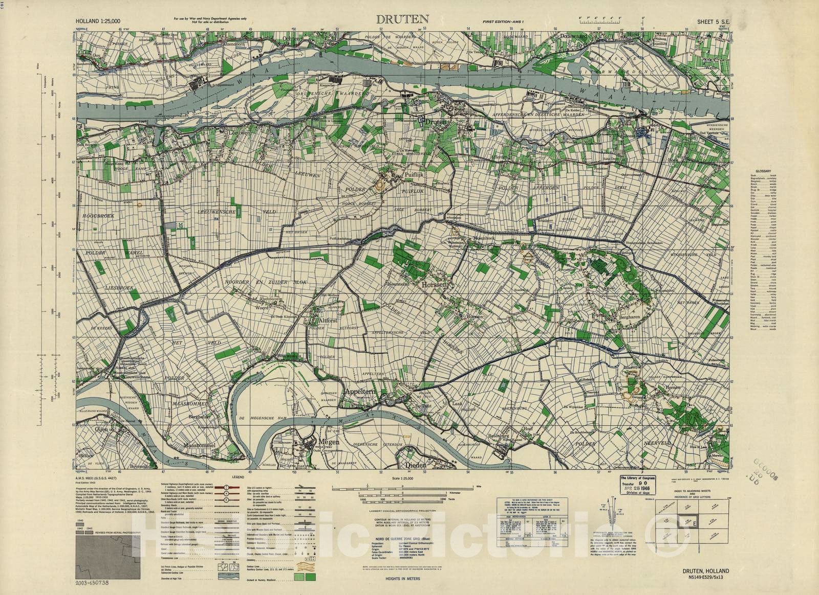 Historic 1943 Map - Holland 1:25,000 - Druten, Holland - A.M.S. M831