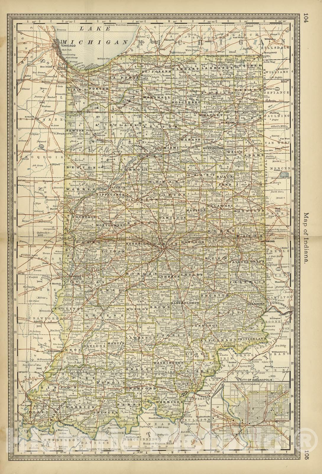 Historic 1882 Map - Historical Hand-Atlas, Illustrated - Map of Indiana - Historical Hand Atlas, Illustrated, General & Local
