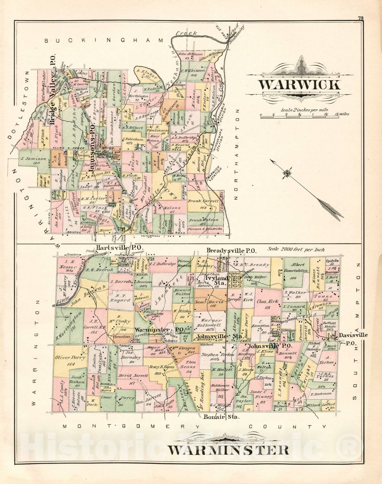 Historic 1891 Map - Atlas of Bucks Co, Penna. - Warwick; Warminster - Atlas of Bucks County, Pennsylvania