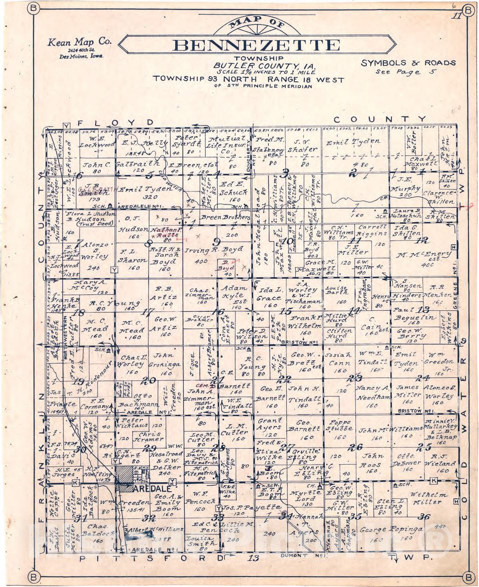 Historic 1930 Map - Atlas of Butler County, Iowa. - Map of Bennezette Township Butler County, Iowa