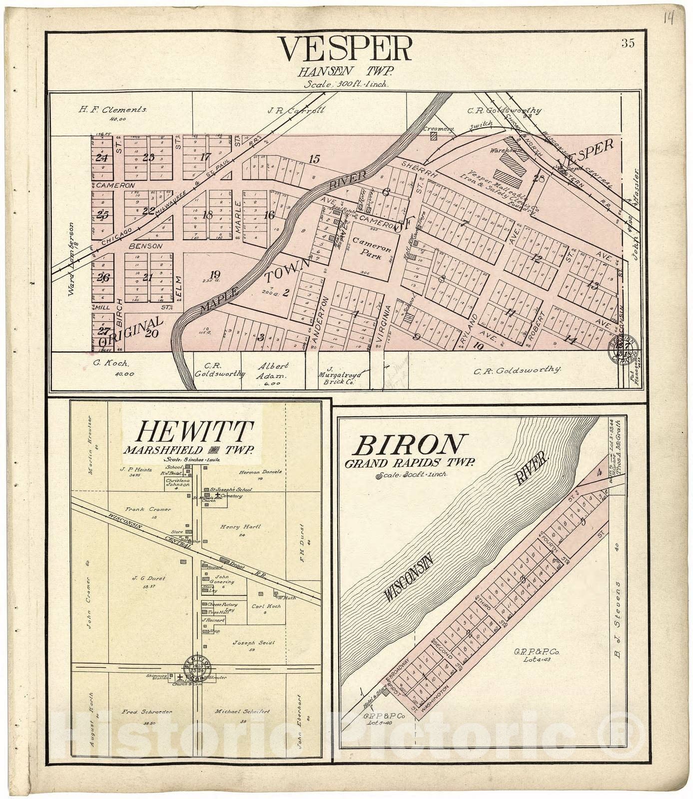 Historic 1909 Map - Standard Atlas of Wood County, Wisconsin - Vesper; Hewitt; Biron