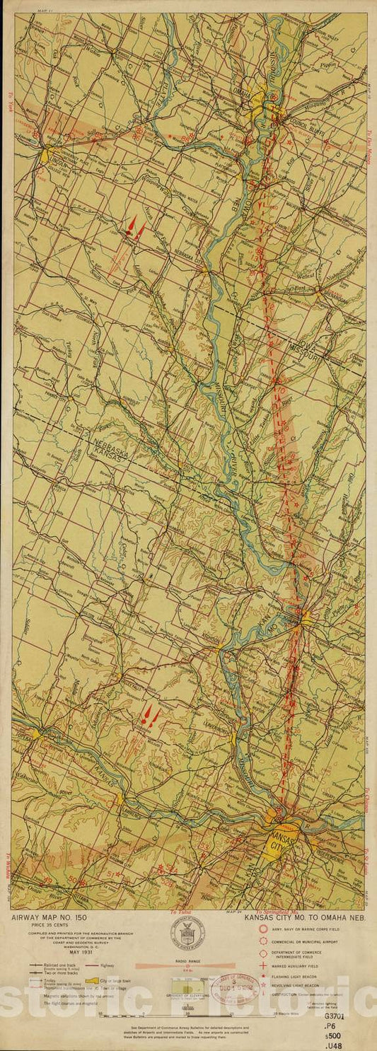 Historic 1924 Map - Aeronautical Strip maps of The United States. - No. 150, 1931 - Air Corps map