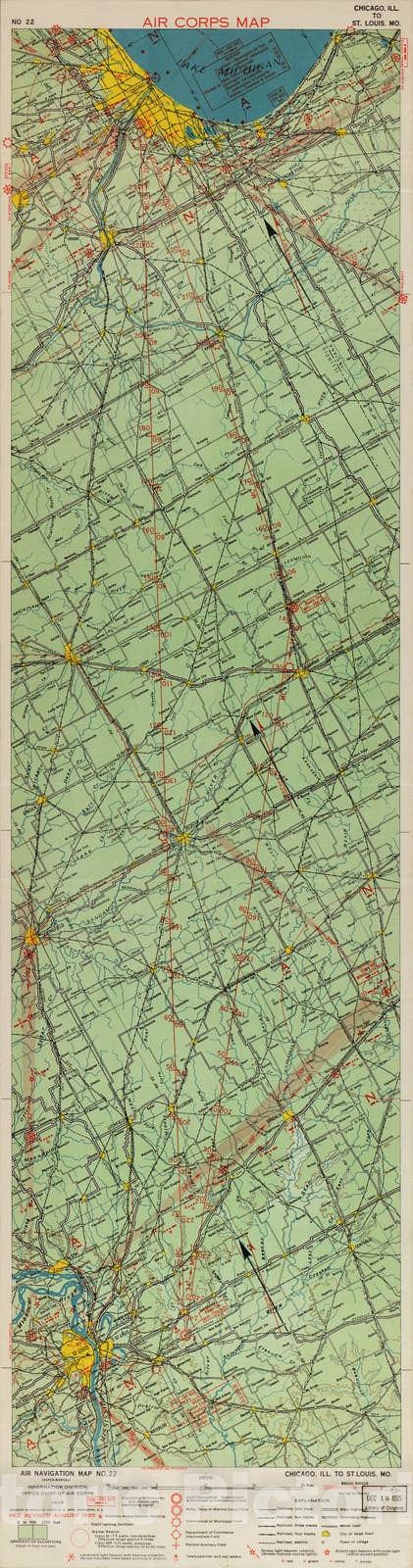 Historic 1924 Map - Aeronautical Strip maps of The United States. - No. 22, 1928 - rev. 1935 - Air Corps map