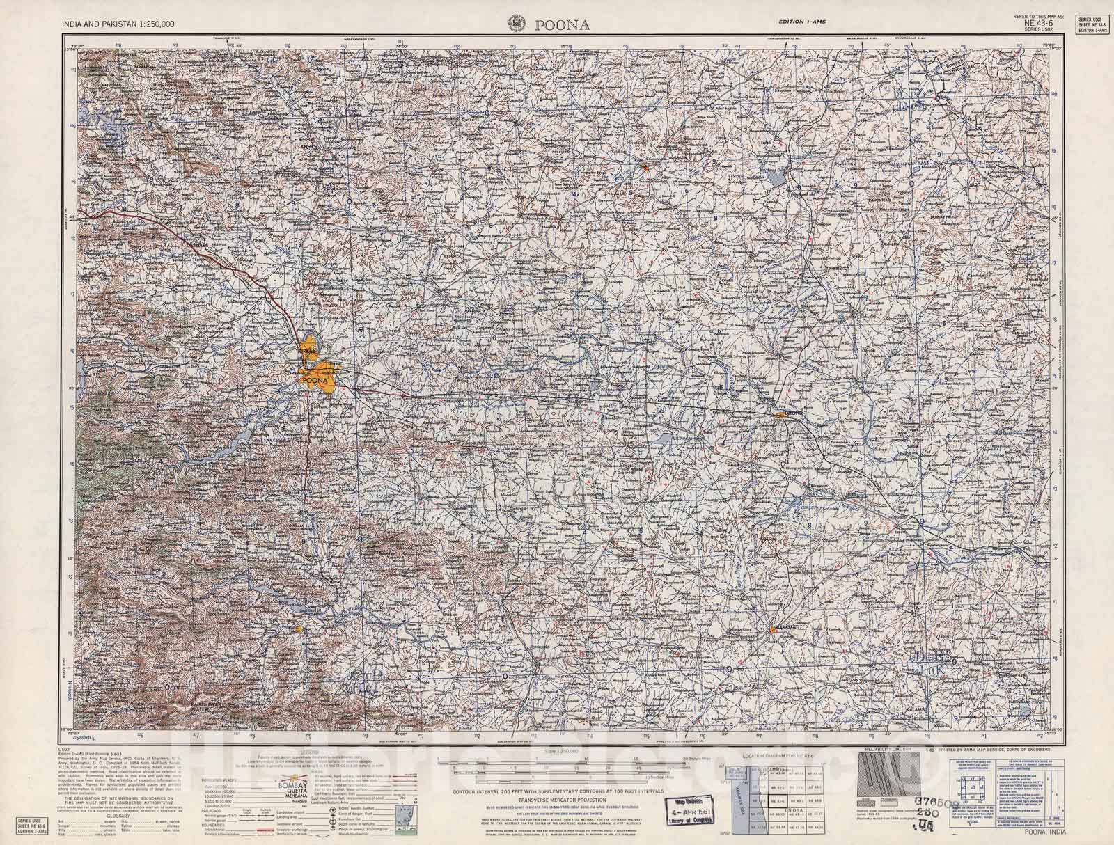Historic 1955 Map - India and Pakistan 1:250,000. - Poona, 1960