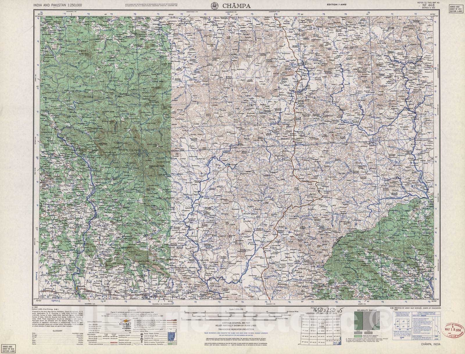 Historic 1955 Map - India and Pakistan 1:250,000. - Champa, 1960