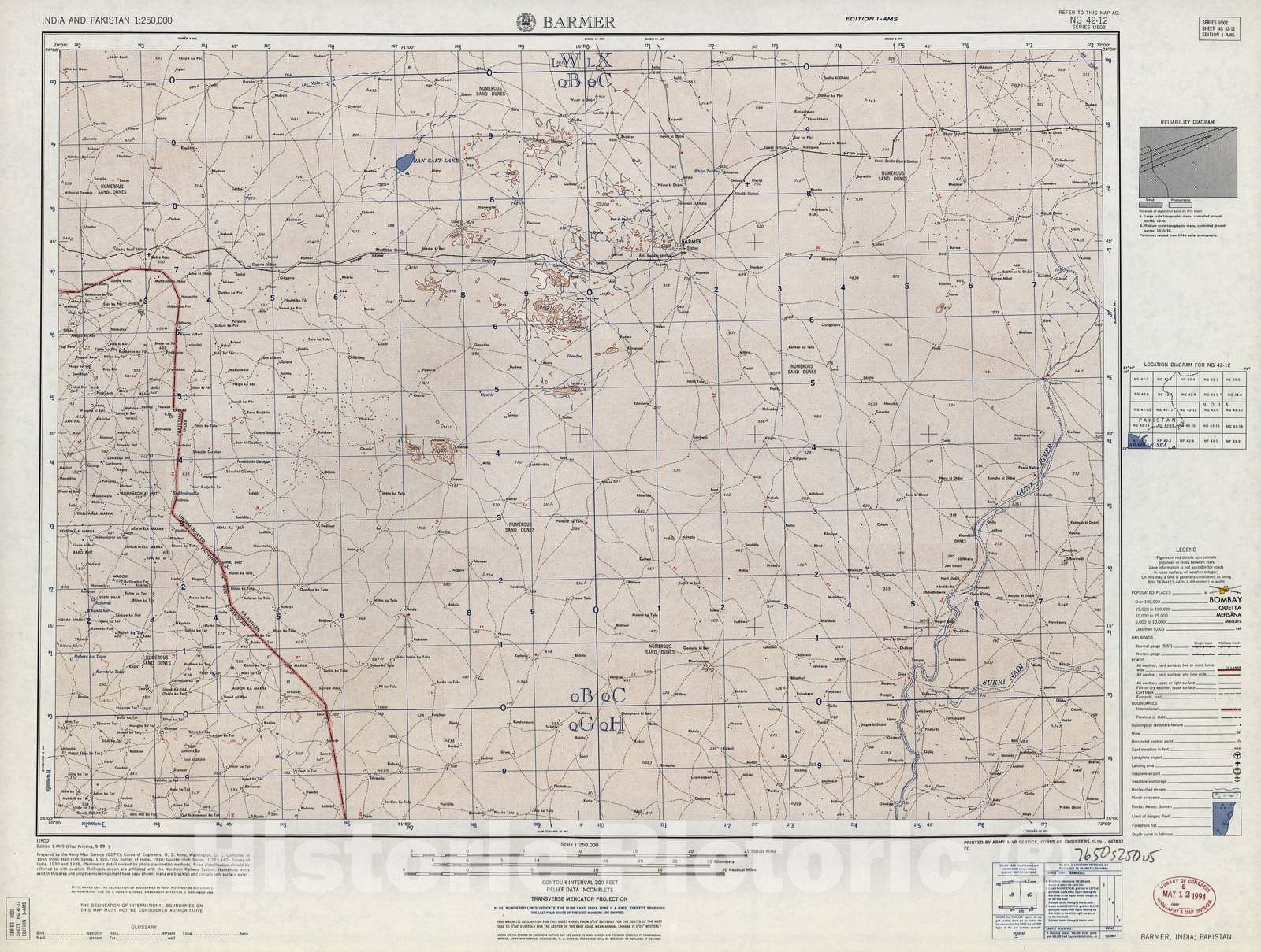 Historic 1955 Map - India and Pakistan 1:250,000. - Barmer, India, Pakistan 1959