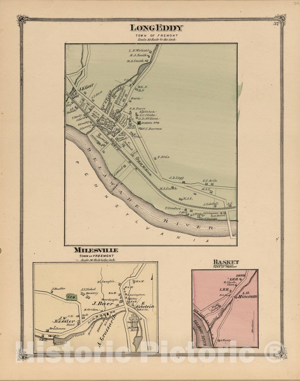 Historic 1875 Map - County Atlas of Sullivan, New York - Long Eddy, Milesville, Basket