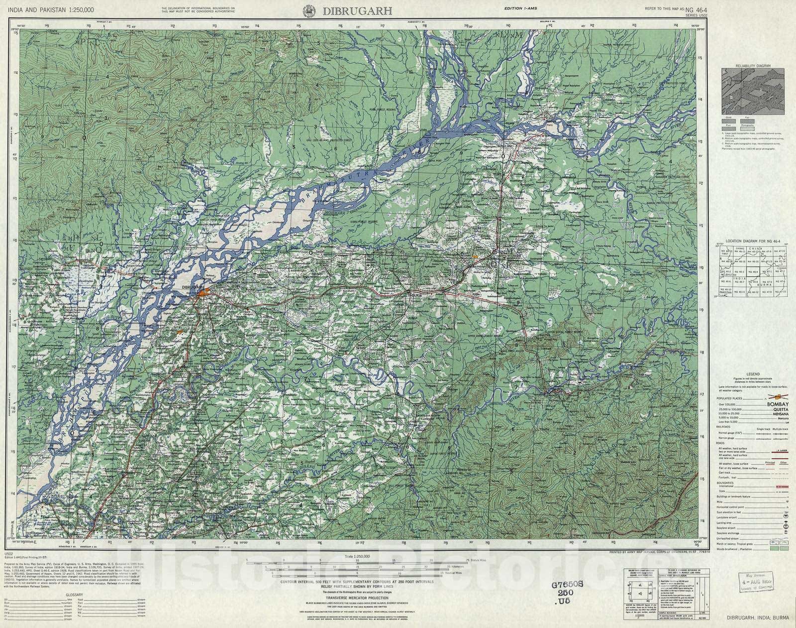 Historic 1955 Map - India and Pakistan 1:250,000. - Dibrugarh, India, Burma 1957