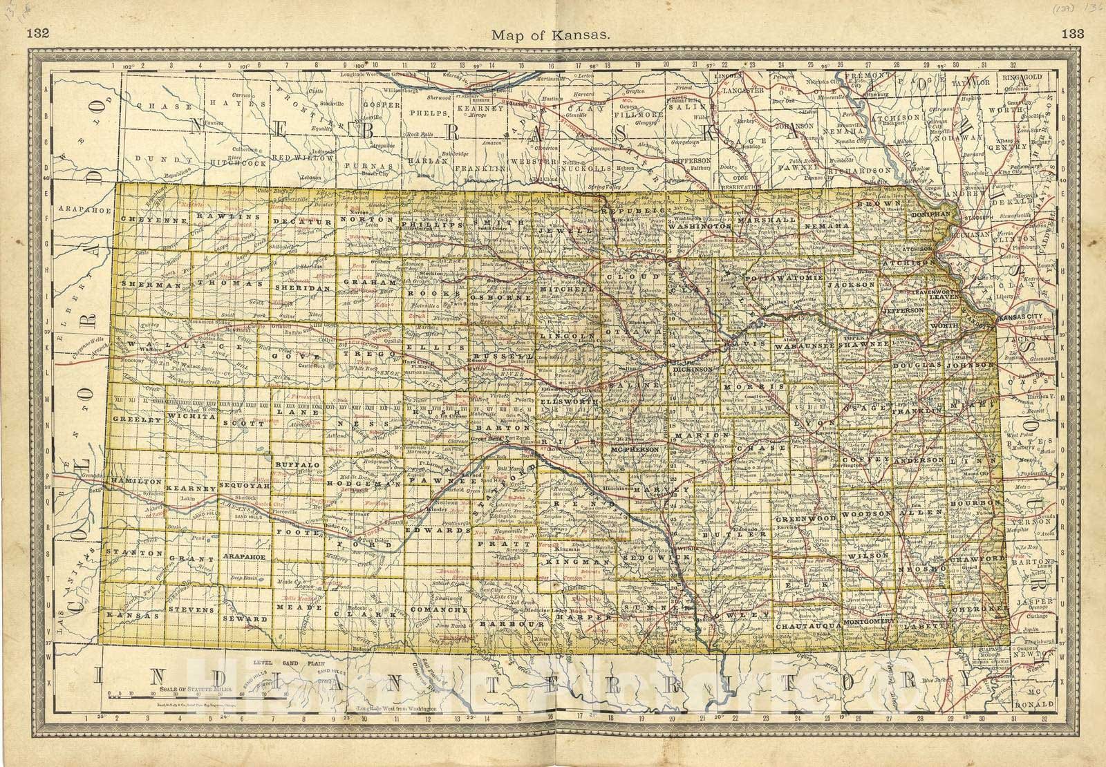 Historic 1881 Map - Historical Hand-Atlas, Illustrated - Map of Kansas - Historical Hand Atlas, Illustrated, General & Local