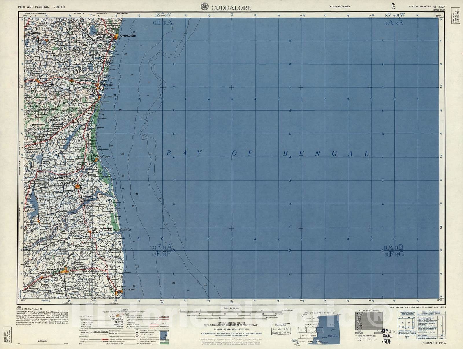 Historic 1955 Map - India and Pakistan 1:250,000. - Cuddalore, 1959