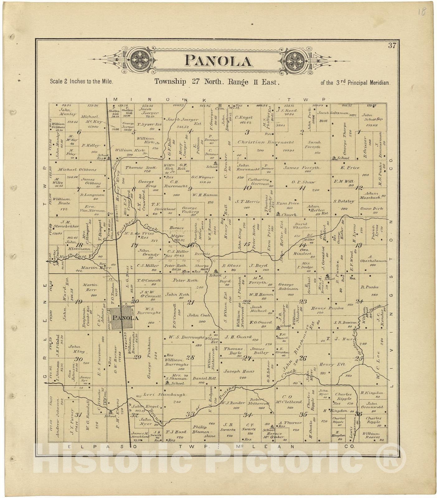 Historic 1893 Map - Plat Book of Woodford County, Illinois - Panola