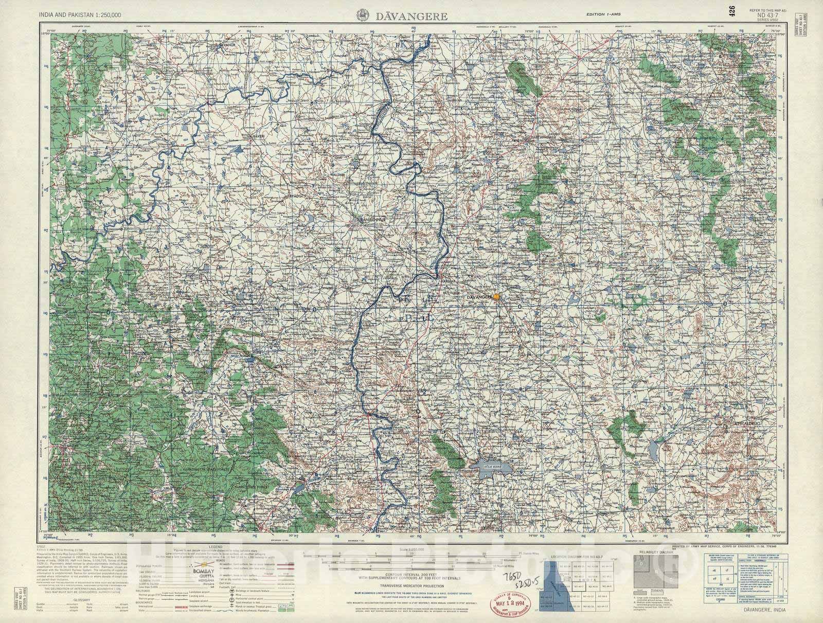 Historic 1955 Map - India and Pakistan 1:250,000. - Davangere, 1958