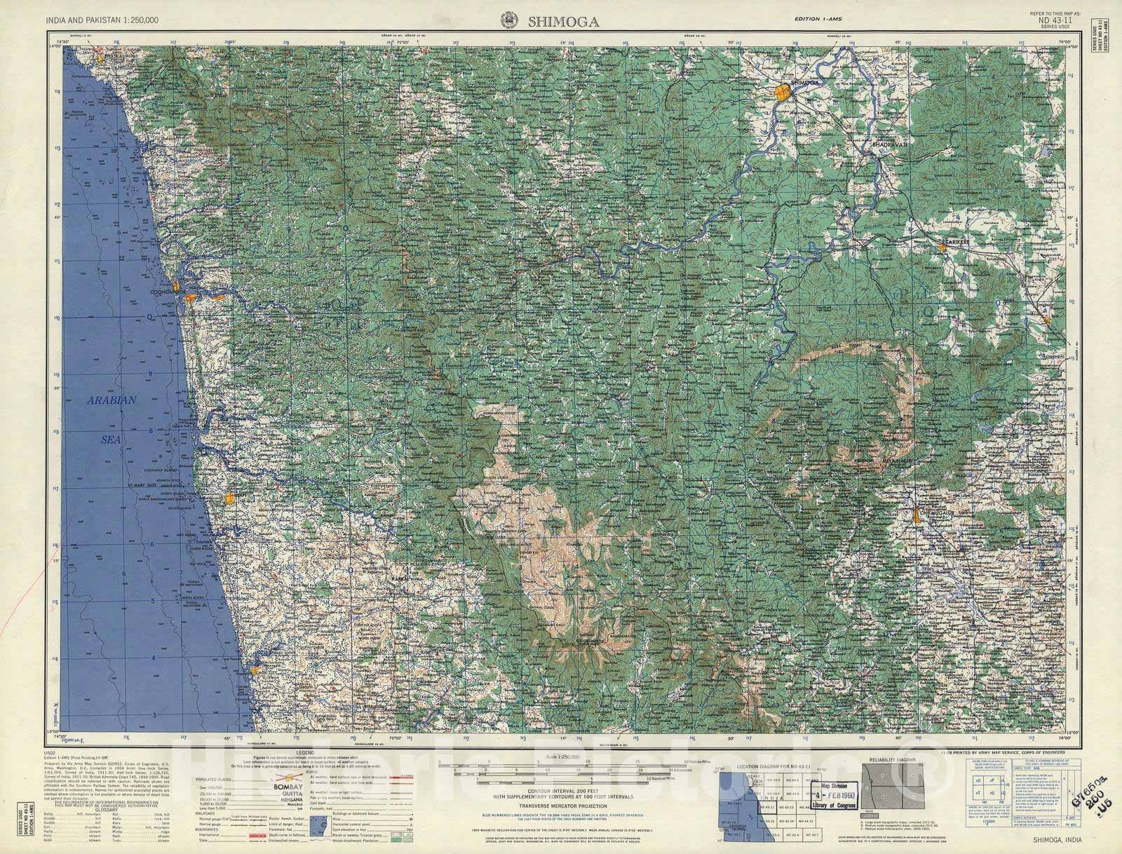 Historic 1955 Map - India and Pakistan 1:250,000. - Shimoga, 1959