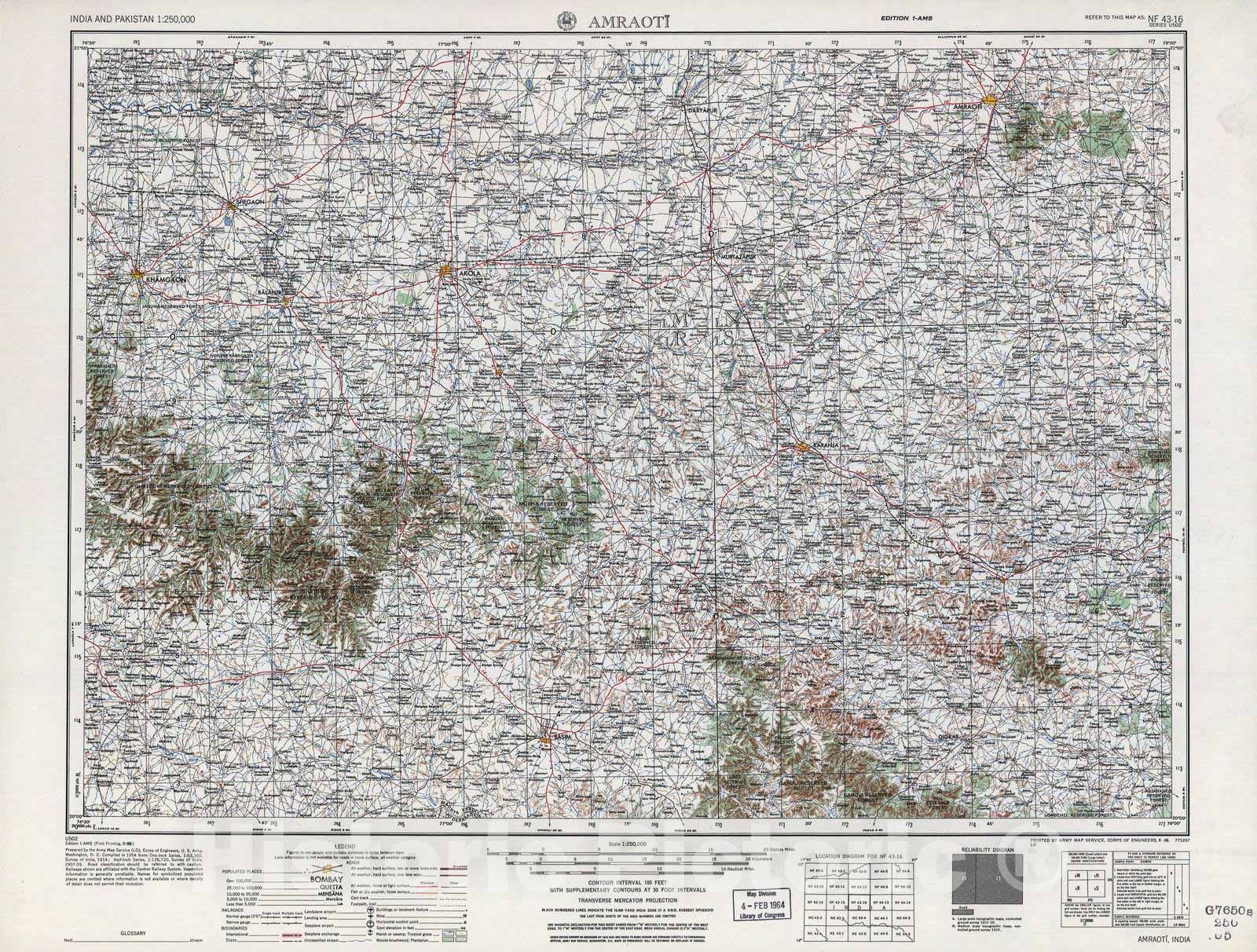 Historic 1955 Map - India and Pakistan 1:250,000. - Amraoti, 1956