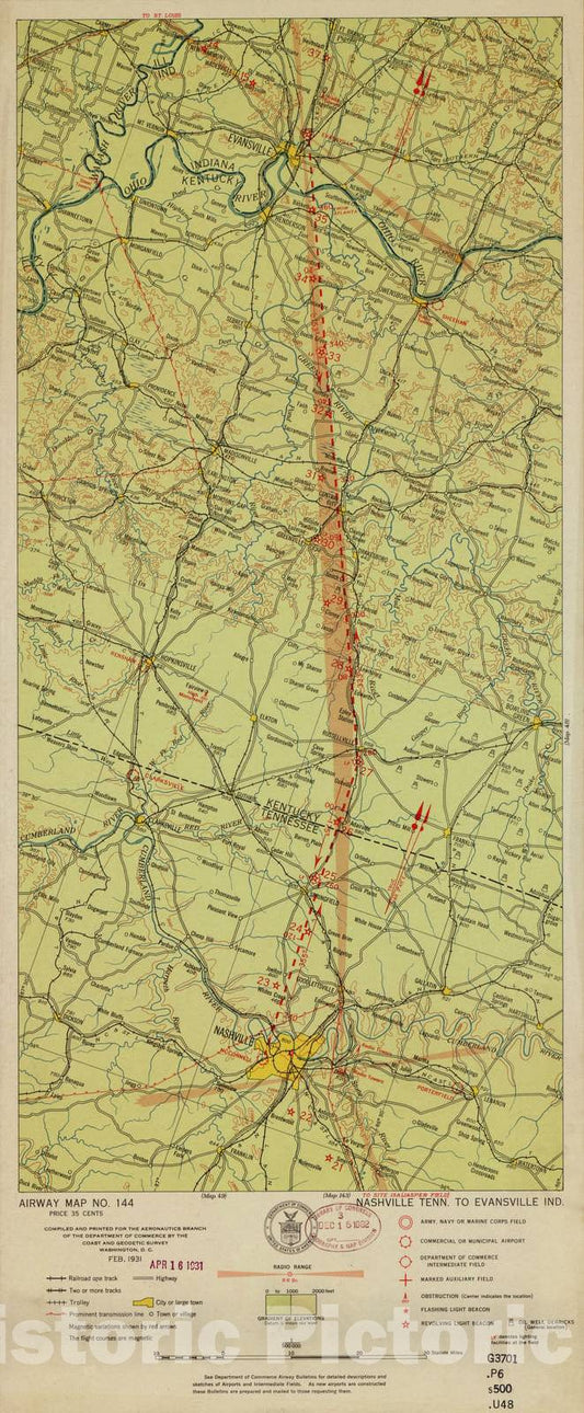 Historic 1924 Map - Aeronautical Strip maps of The United States. - No. 144, 1931 - Air Corps map