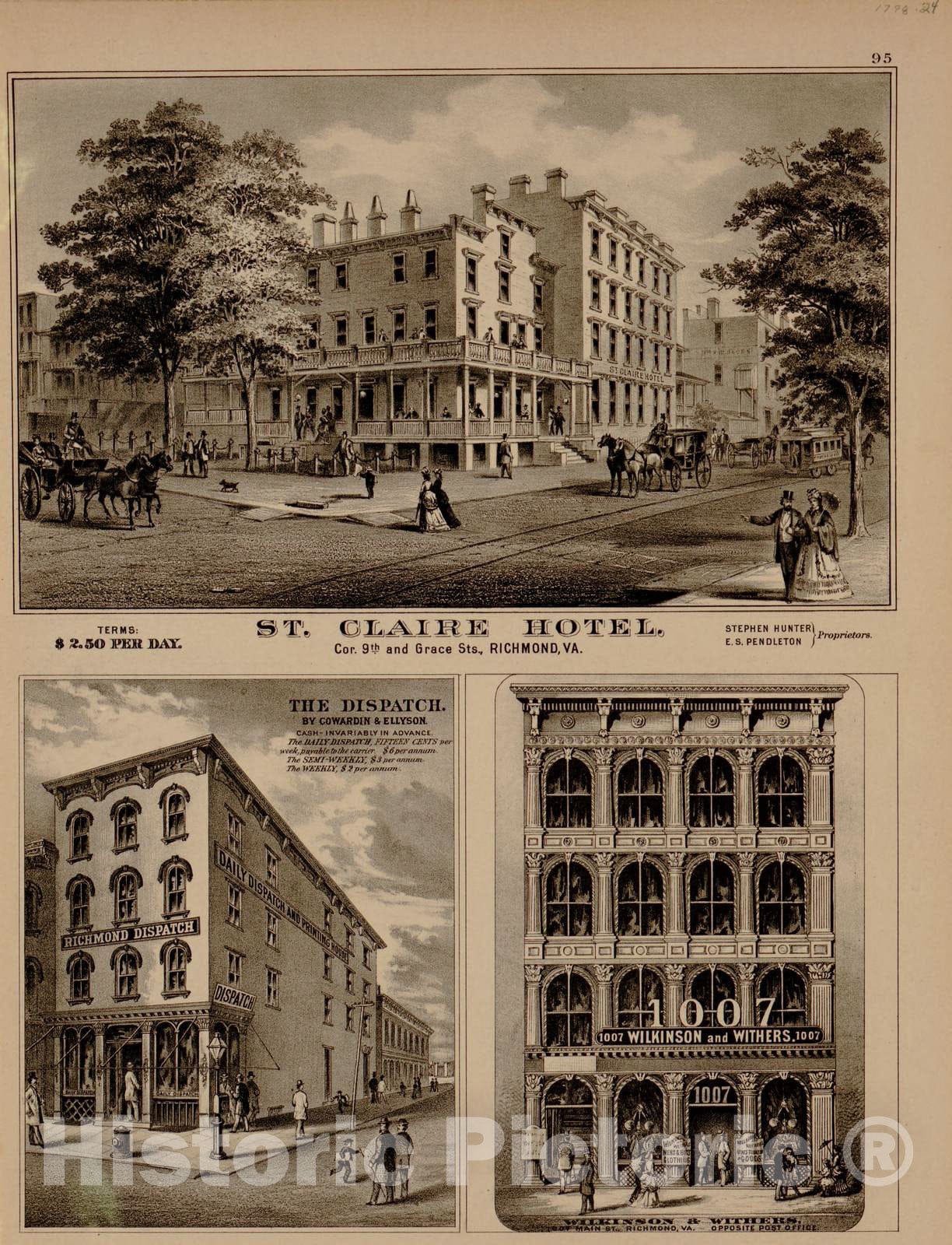 Historic 1877 Map - Illustrated Atlas of The City of Richmond, Va. - St. Claire Hotel