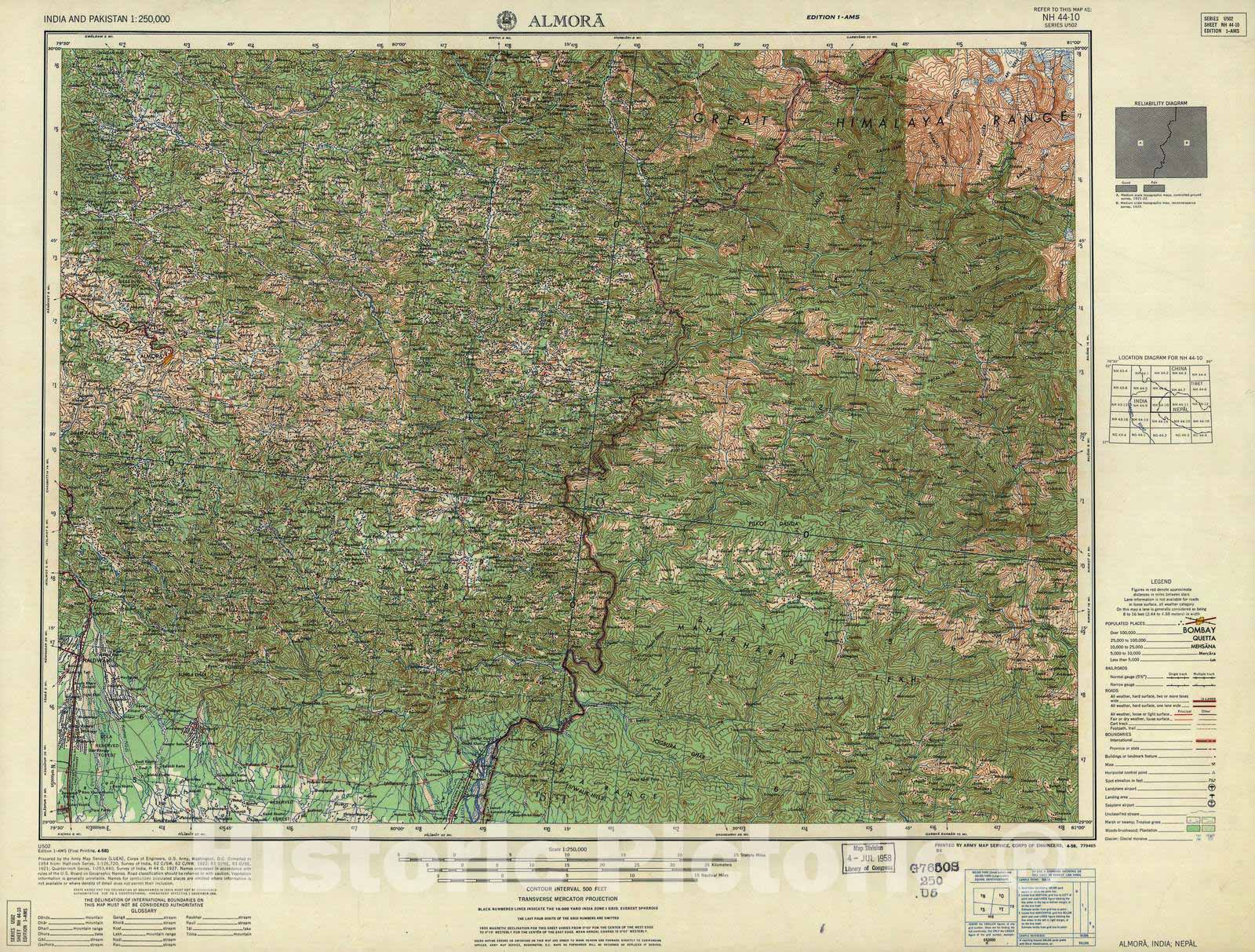 Historic 1955 Map - India and Pakistan 1:250,000. - Almora, India, Nepal 1958