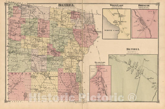 Historic 1875 Map - County Atlas of Sullivan, New York - Bethel, White Lake, Briscoe, Black Lake