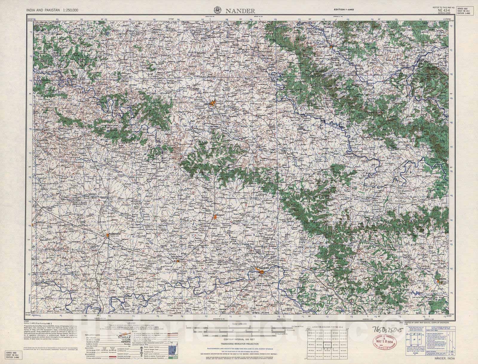 Historic 1955 Map - India and Pakistan 1:250,000. - Nander, 1960