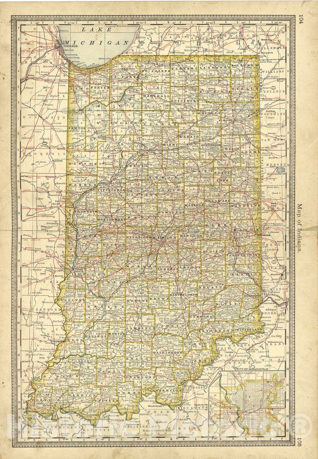 Historic 1881 Map - Historical Hand-Atlas, Illustrated - Map of Indiana - Historical Hand Atlas, Illustrated, General & Local
