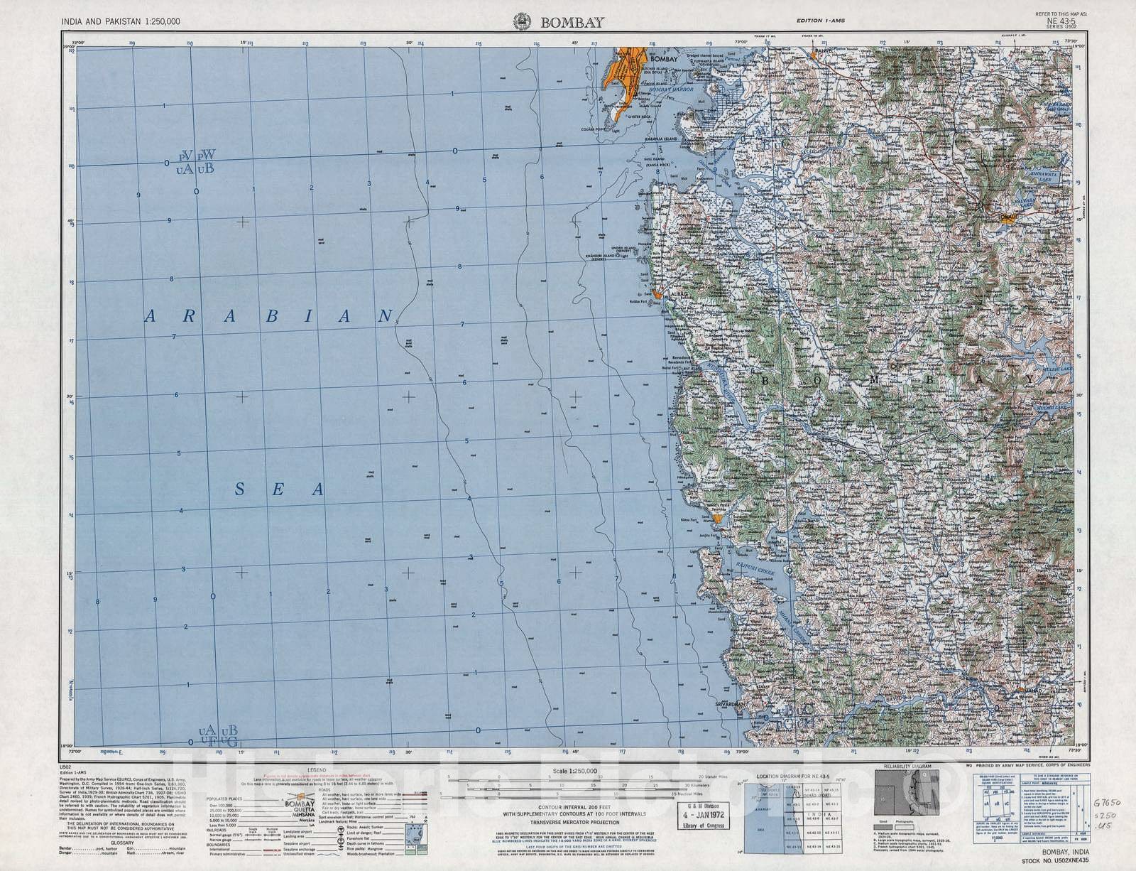 Historic 1955 Map - India and Pakistan 1:250,000. - Bombay, 1960