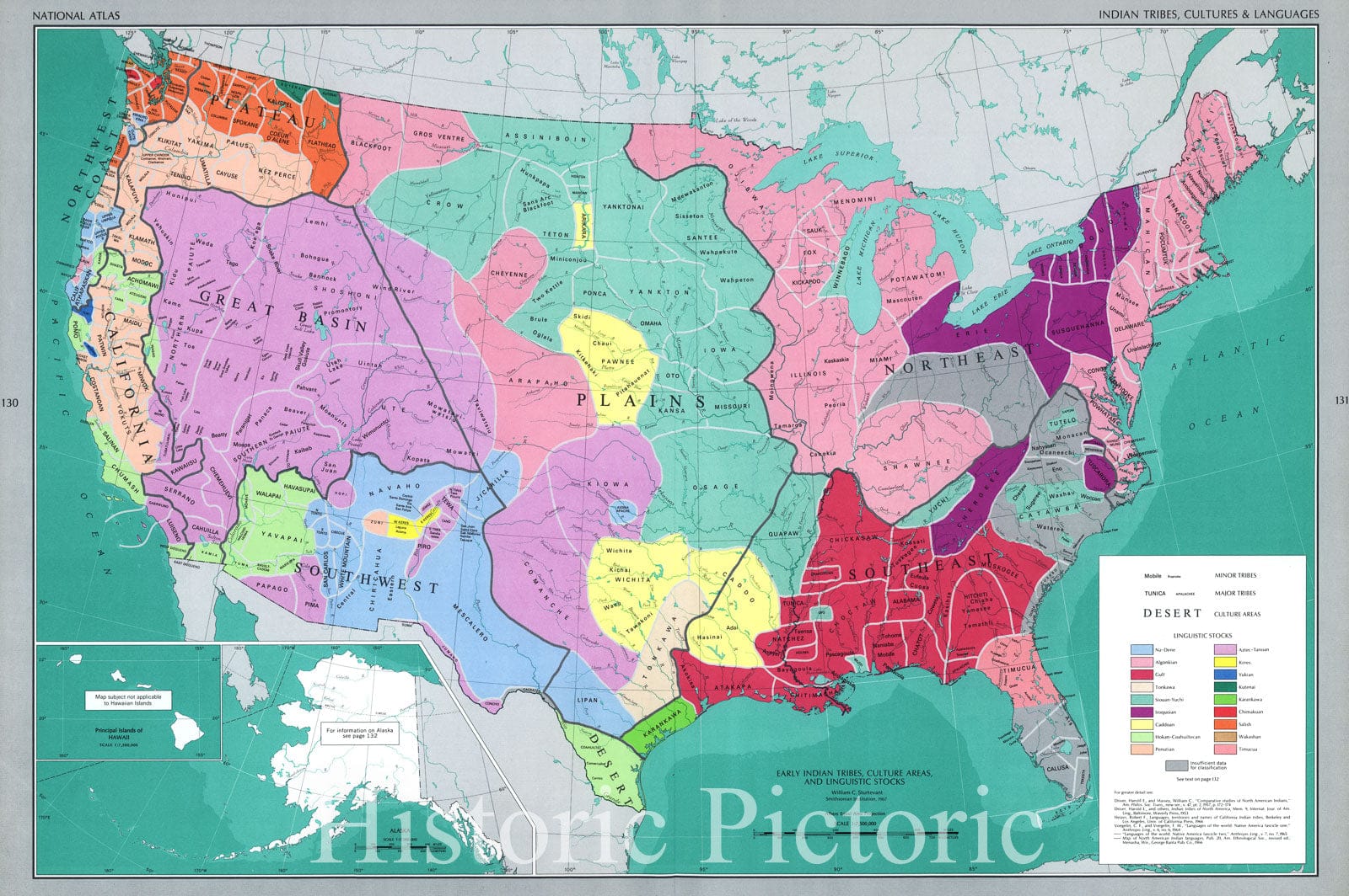 Historic 1970 Map - The National Atlas of The United States of America. - Indian Tribes, Cultures & Languages