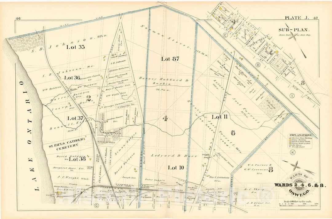 Historic 1880 Map - City Atlas of Oswego, New York - Parts of Wards 2. 4. 6. & 8. Plate J. - Atlas of The City of Oswego N.Y.