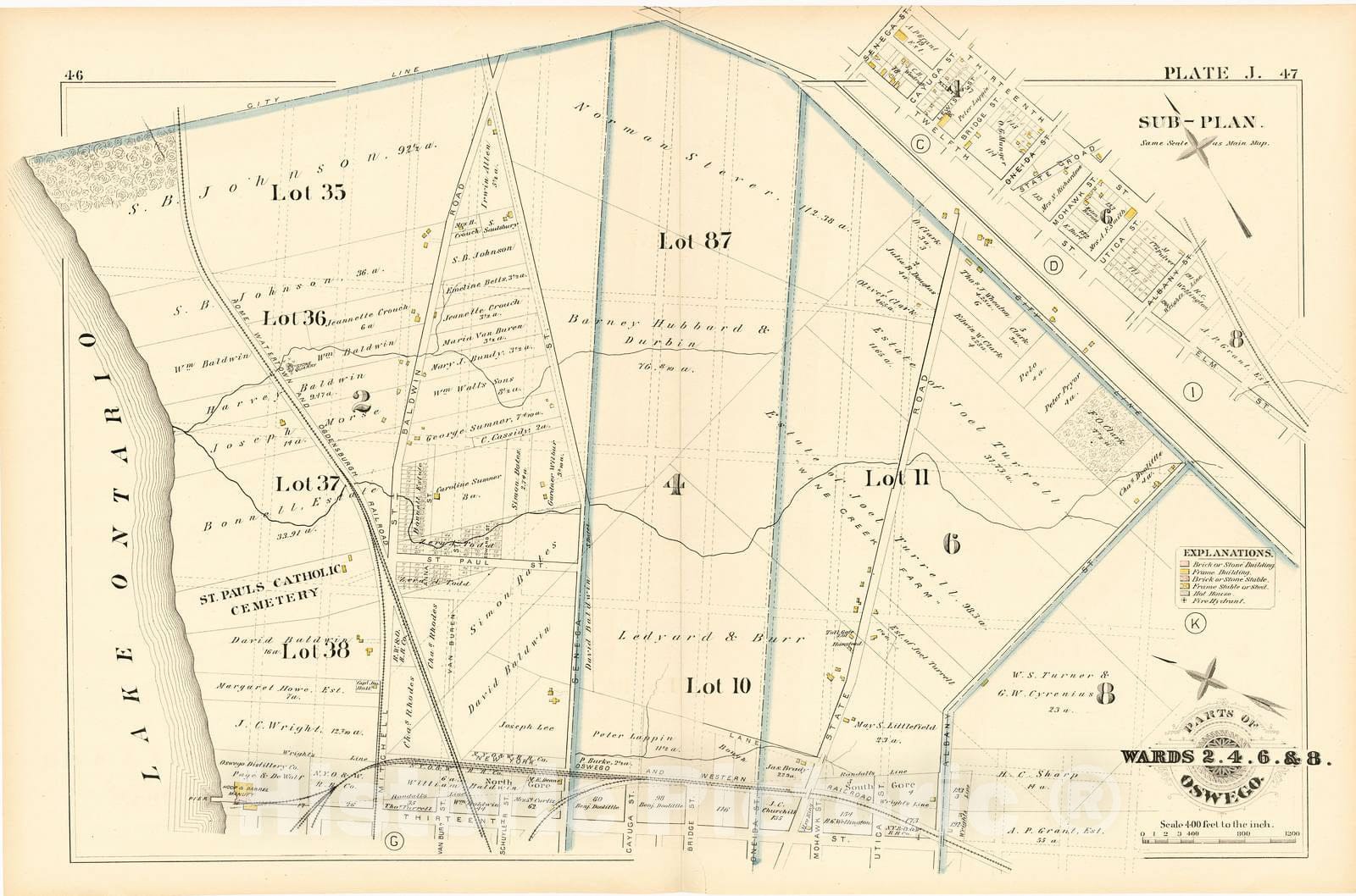 Historic 1880 Map - City Atlas of Oswego, New York - Parts of Wards 2. 4. 6. & 8. Plate J. - Atlas of The City of Oswego N.Y.