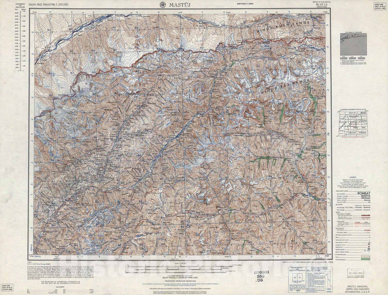 Historic 1955 Map - India and Pakistan 1:250,000. - Mastuj, Pakistan, Jammu and Kashmir, Afghanistan, USSR 1958
