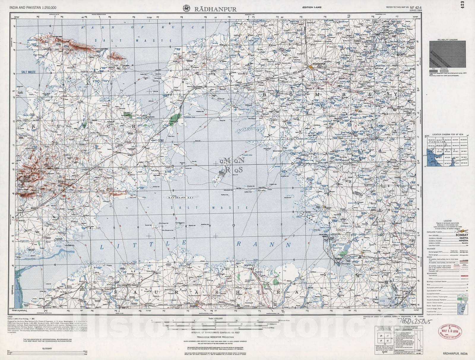 Historic 1955 Map - India and Pakistan 1:250,000. - Radhanpur, 1956